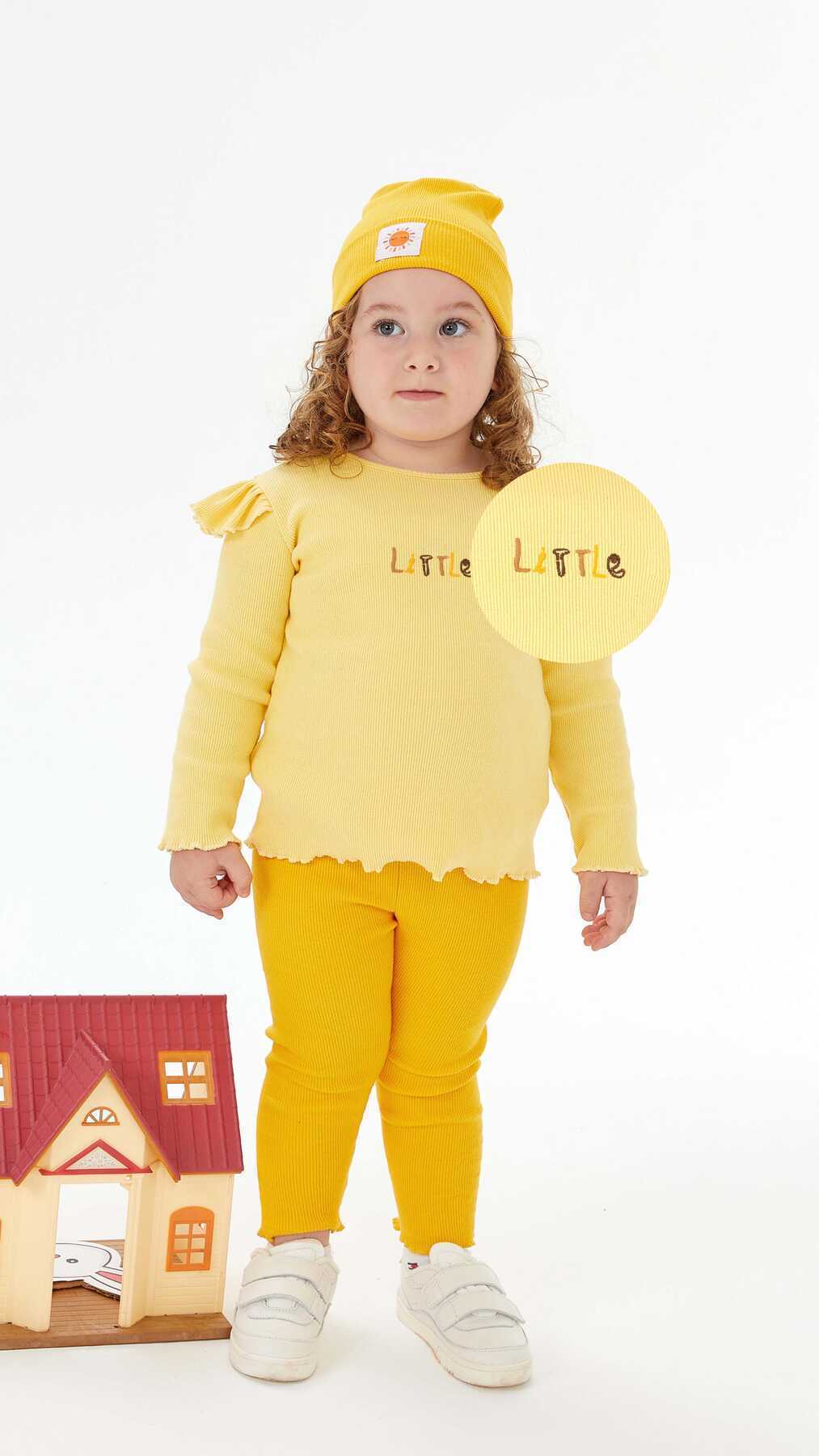 Little İşlemeli Kaşkorse Fitilli Sarı Kız Çocuk Sweatshirt ve Tayt 2'li Takım