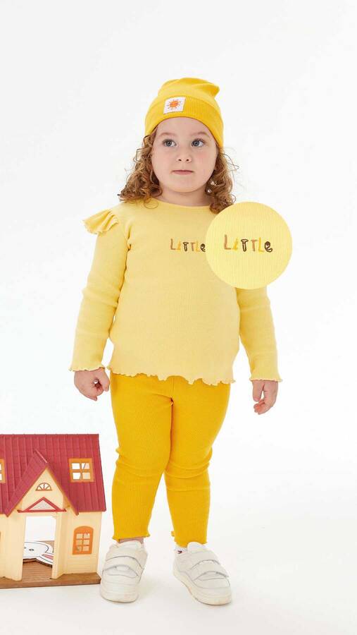 Little İşlemeli Kaşkorse Fitilli Sarı Kız Çocuk Sweatshirt ve Tayt 2'li Takım - Thumbnail