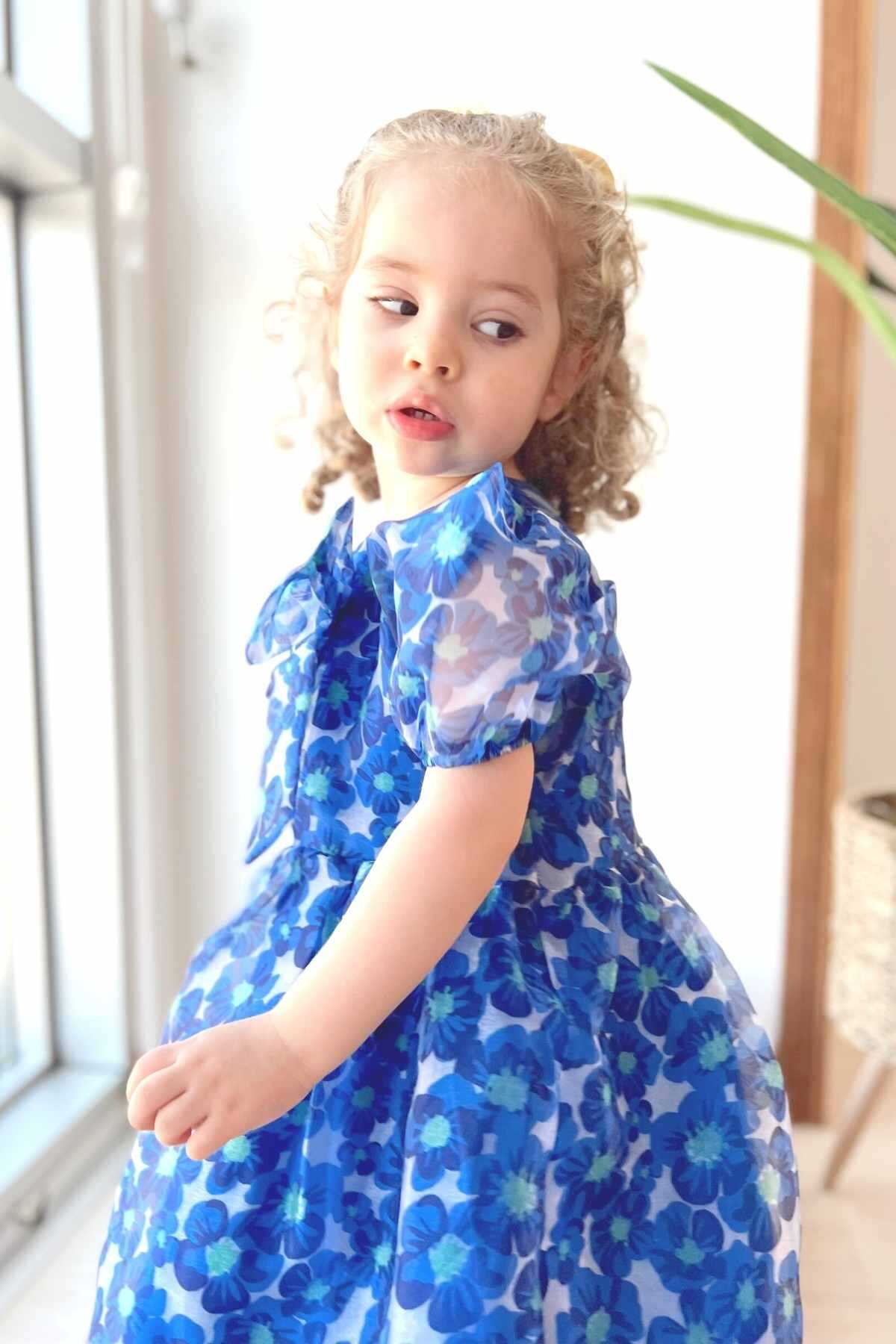 Mavi Çiçek Desenli Balon Kol Fiyonklu Kısa Kol Kız Çocuk Organze Elbise