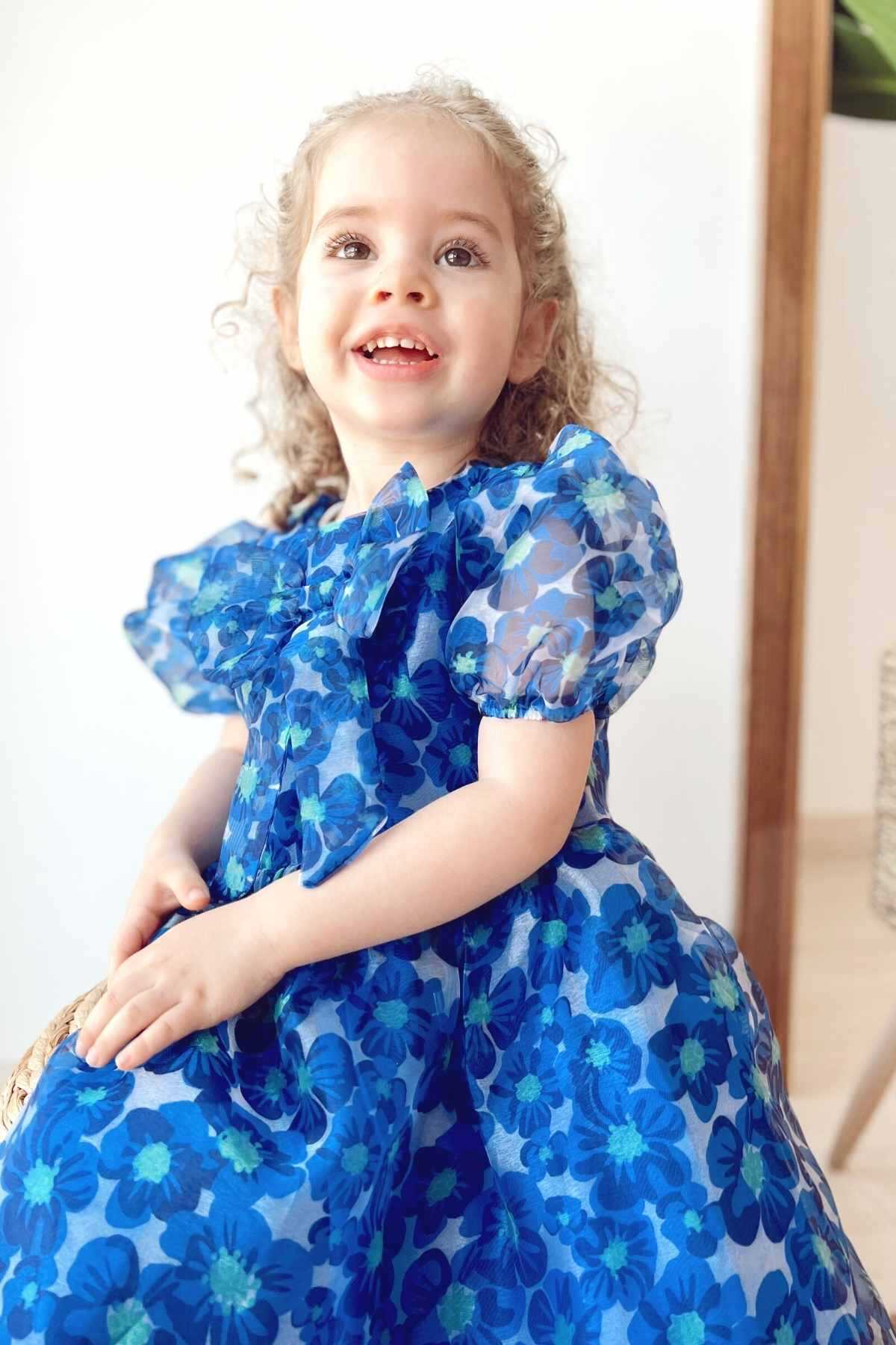 Mavi Çiçek Desenli Balon Kol Fiyonklu Kısa Kol Kız Çocuk Organze Elbise