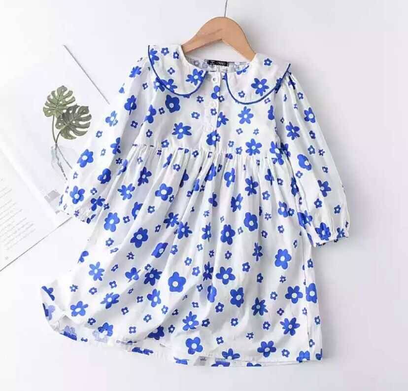 TEKLEME - Mavi Çiçek Desenli Bebe Yaka Uzun Kol Elbise