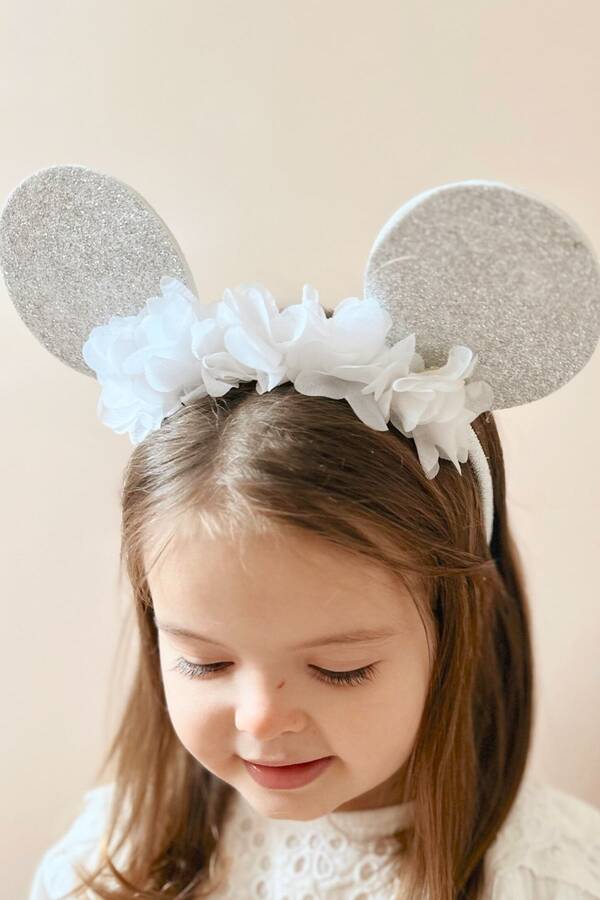 Minnie Mouse Kulaklı Simli Beyaz Taç - Thumbnail