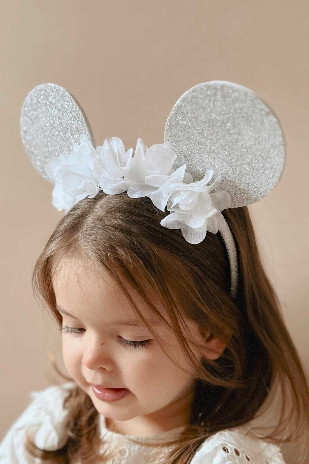 Minnie Mouse Kulaklı Simli Beyaz Taç