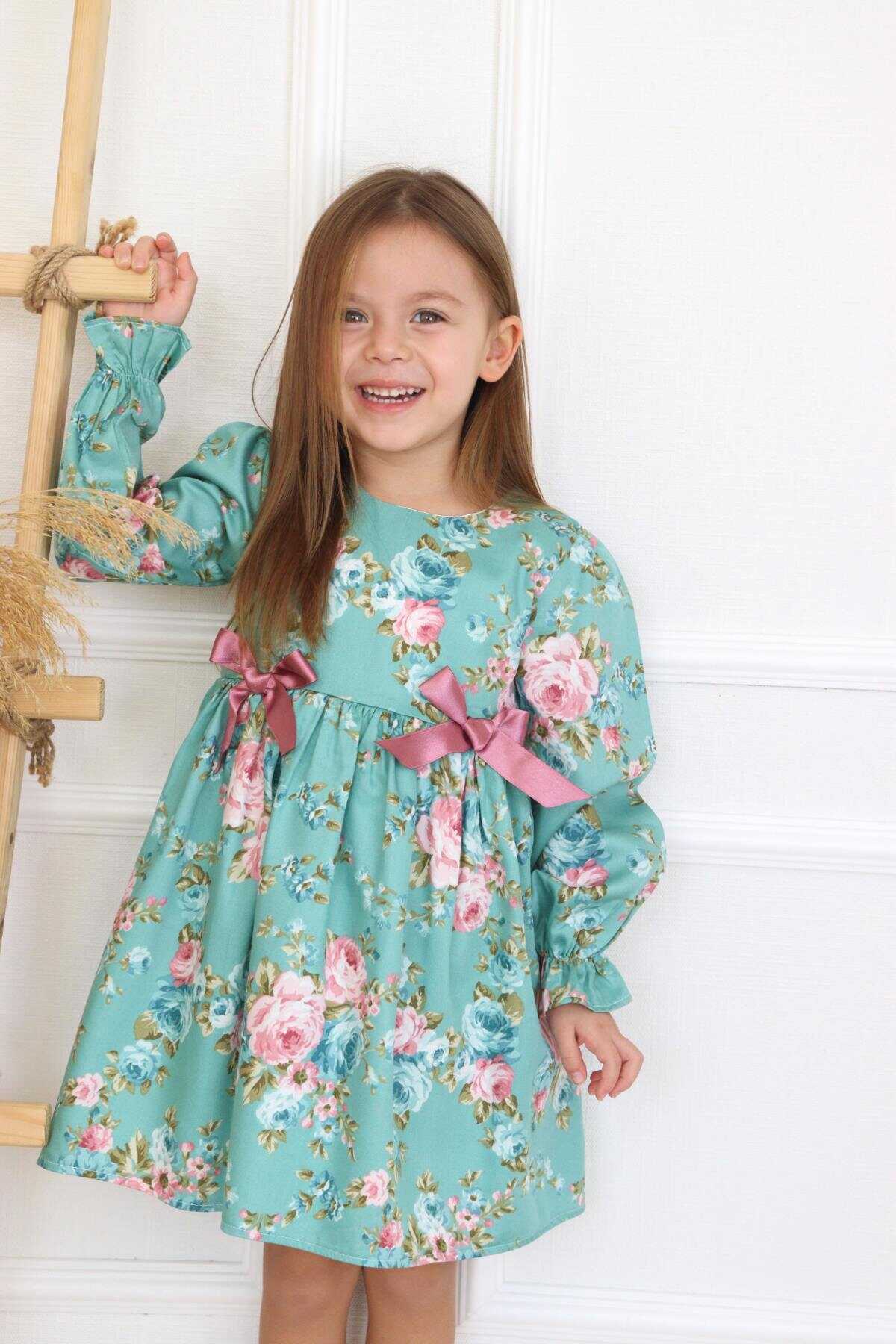 Mint Çiçekli Vintage Kız Çocuk Pamuk Elbise