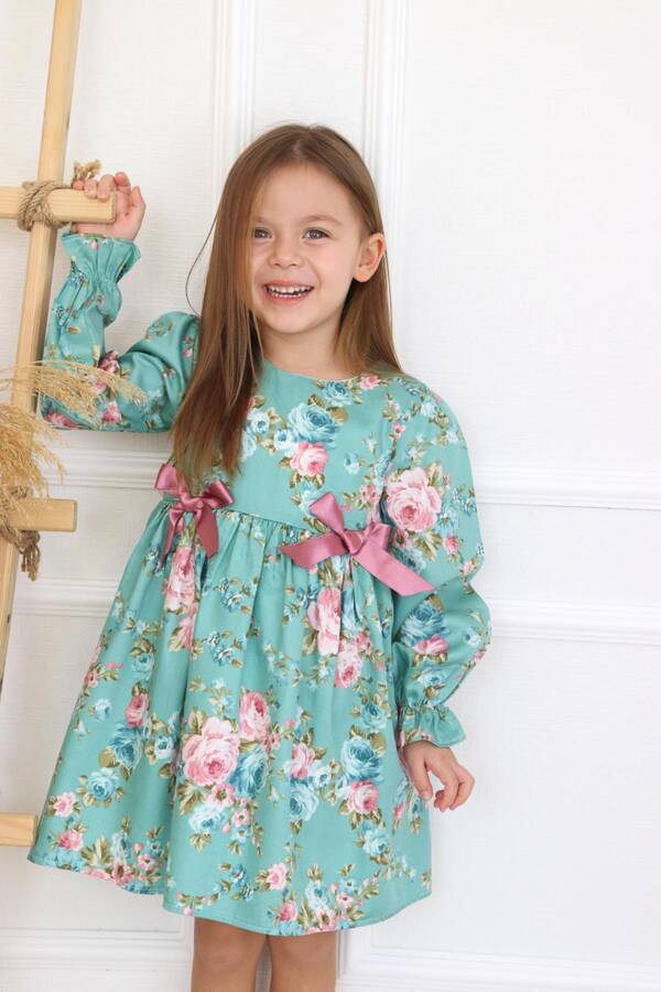 Mint Çiçekli Vintage Kız Çocuk Pamuk Elbise - Thumbnail