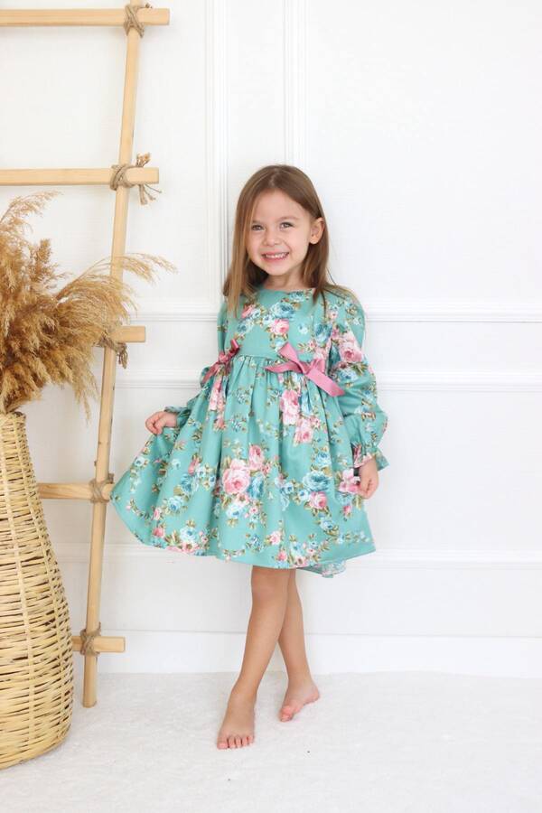 Mint Çiçekli Vintage Kız Çocuk Pamuk Elbise - Thumbnail