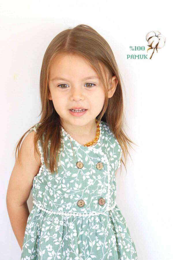 Müslin Kruvaze Çağla Yeşili Kız Çocuk Elbise - Thumbnail