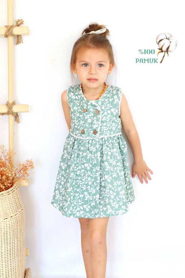 SSY22 - Müslin Kruvaze Çağla Yeşili Kız Çocuk Elbise