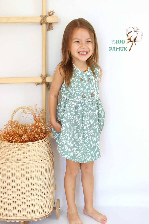 Müslin Kruvaze Çağla Yeşili Kız Çocuk Elbise - Thumbnail