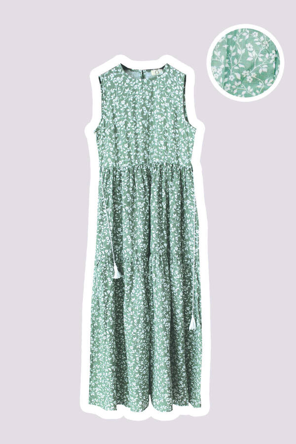 SSY22 - Yeşil Çiçekli Müslin Maxi Kadın Elbise