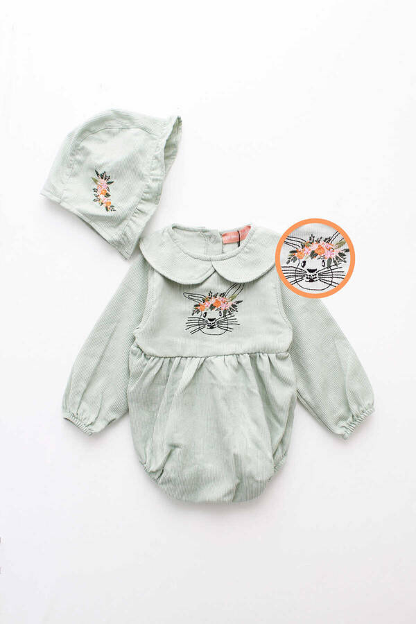 FW21 - Nakış Detaylı Mint Yeşil Fitilli Kadife Bebek Tulum 