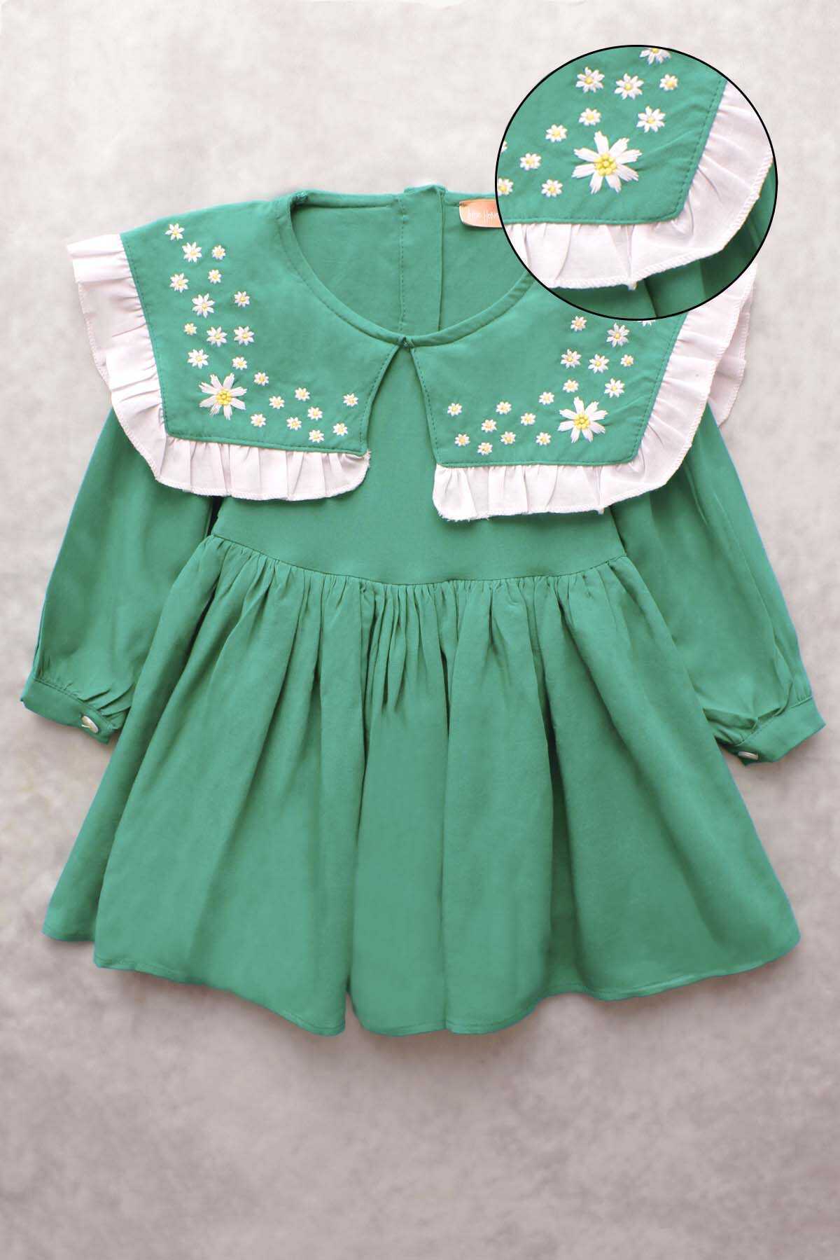 Nakışlı Kare Yaka Pamuklu Benetton Yeşil Kız Çocuk Elbise