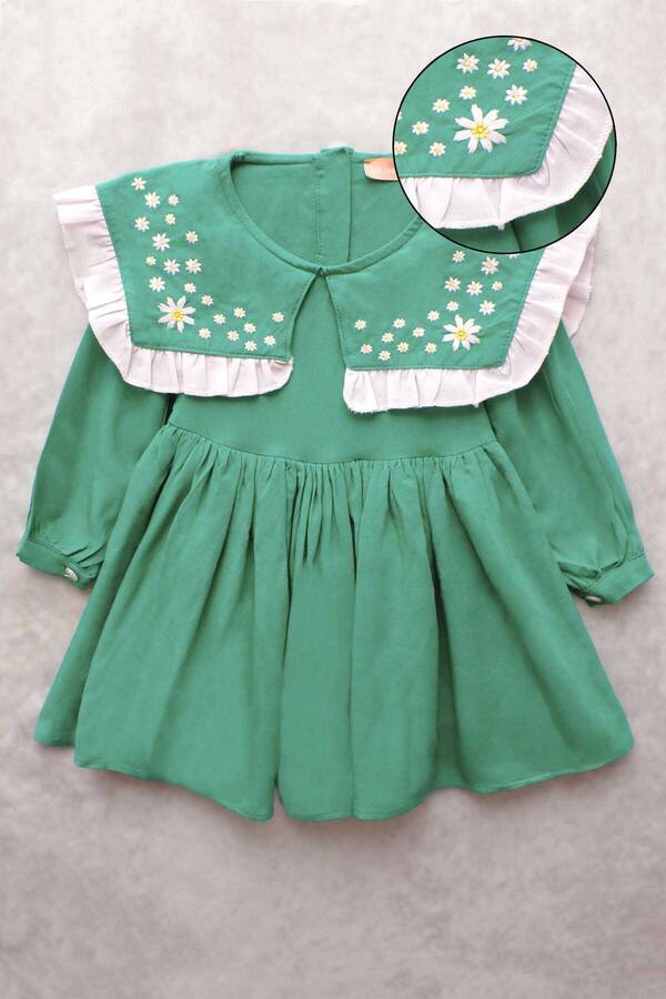 Nakışlı Kare Yaka Pamuklu Benetton Yeşil Kız Çocuk Elbise - Thumbnail