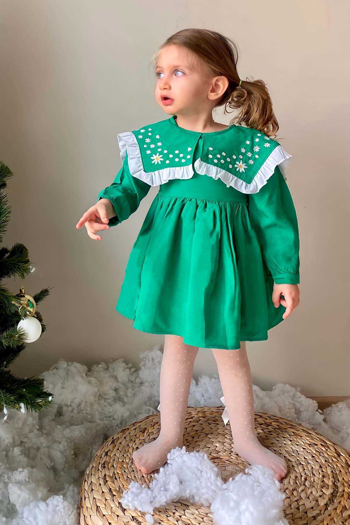 Nakışlı Kare Yaka Pamuklu Benetton Yeşil Kız Çocuk Elbise