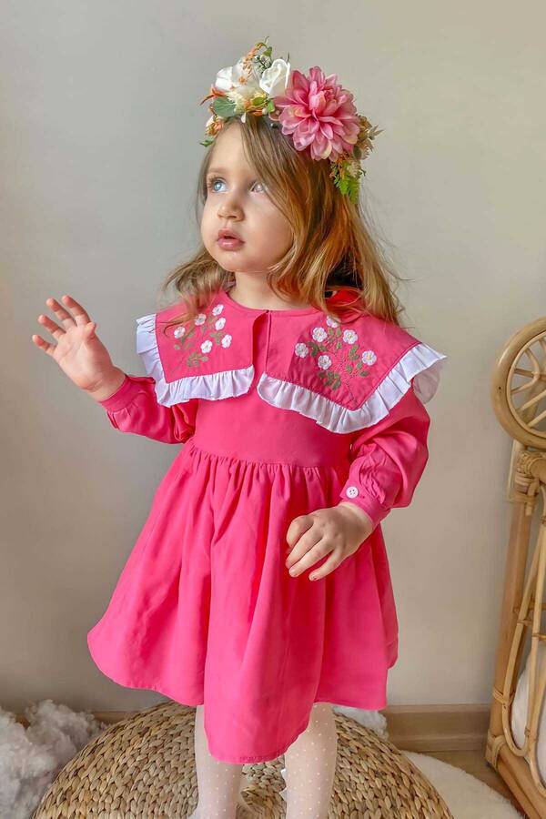 Nakışlı Kare Yaka Pamuklu Fuşya Kız Çocuk Elbise - Thumbnail