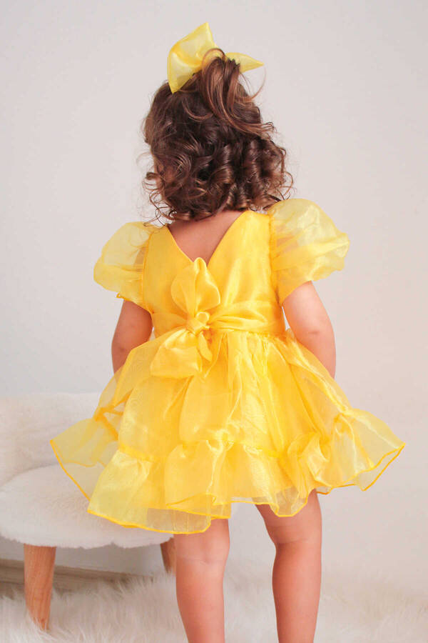 SSY22 - Neon Sarı Cam Organze Parlak Kız Çocuk Elbise (1)