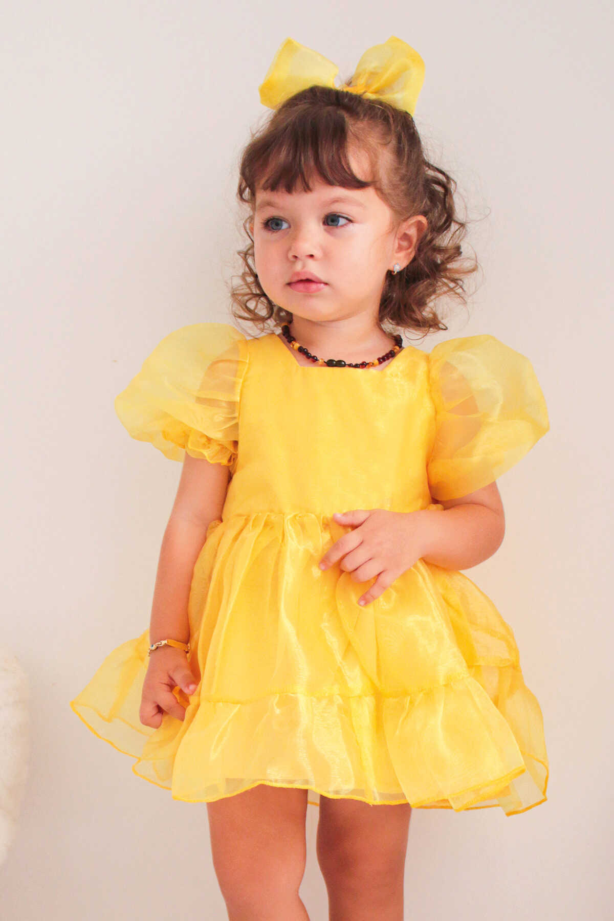 Neon Sarı Cam Organze Parlak Kız Çocuk Elbise