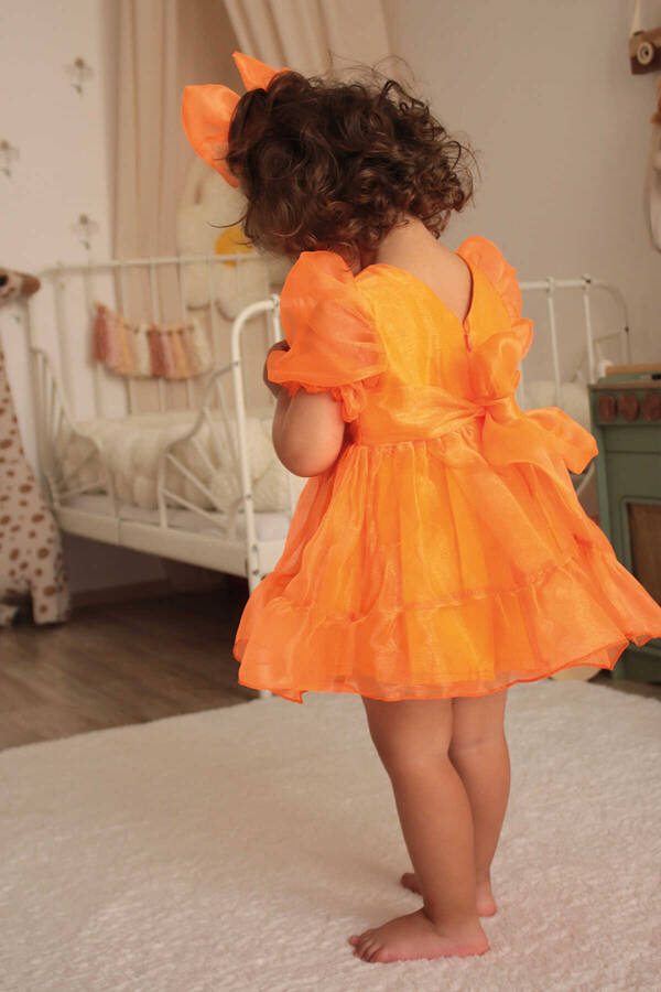 SSY22 - Neon Turuncu Cam Organze Parlak Kız Çocuk Elbise