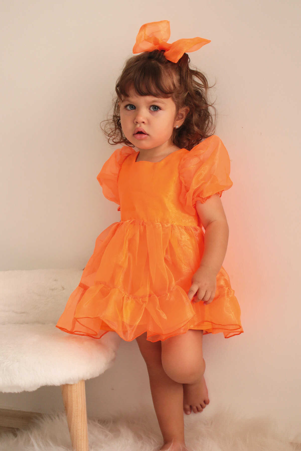 Neon Turuncu Cam Organze Parlak Kız Çocuk Elbise