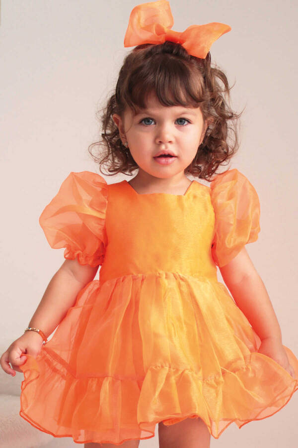 SSY22 - Neon Turuncu Cam Organze Parlak Kız Çocuk Elbise (1)