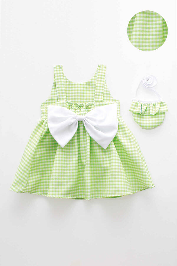 SSY22 - Neon Yeşil Pötikare Sırtı Fiyonklu Kız Çocuk Elbise ve Çanta 2'li Takım