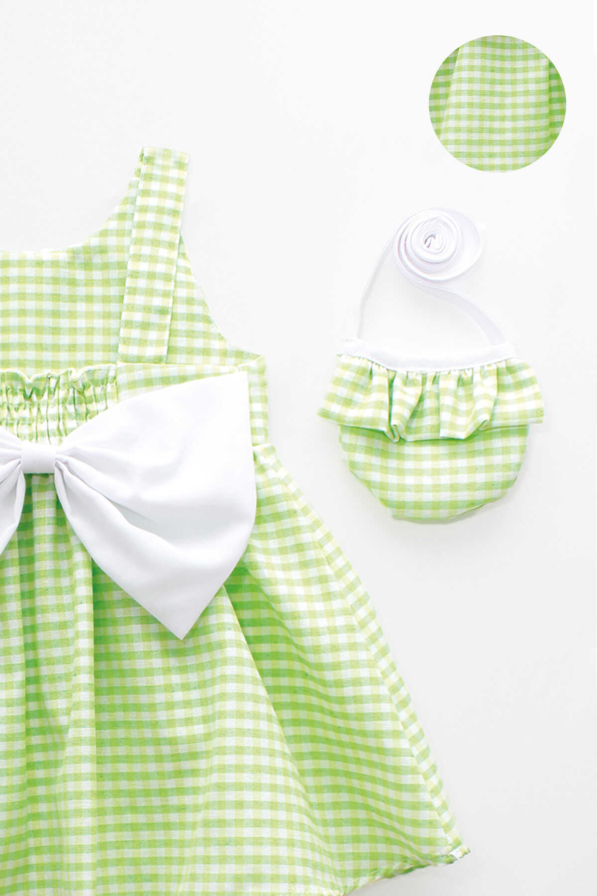 Neon Yeşil Pötikare Sırtı Fiyonklu Kız Çocuk Elbise ve Çanta 2'li Takım