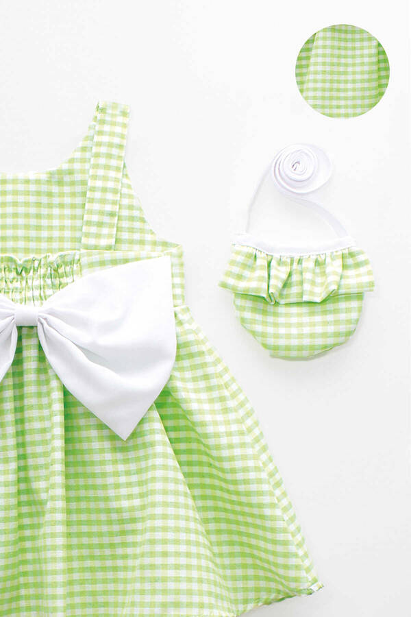 SSY22 - Neon Yeşil Pötikare Sırtı Fiyonklu Kız Çocuk Elbise ve Çanta 2'li Takım (1)
