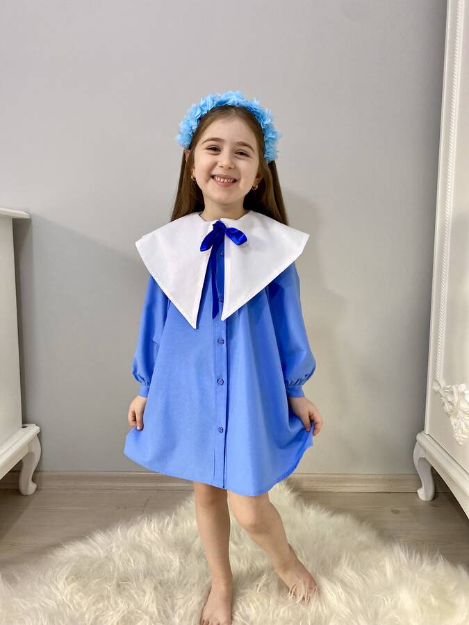 Nostaljik Yaka Önden Düğmeli Açık Mavi Kız Çocuk Elbise - Thumbnail