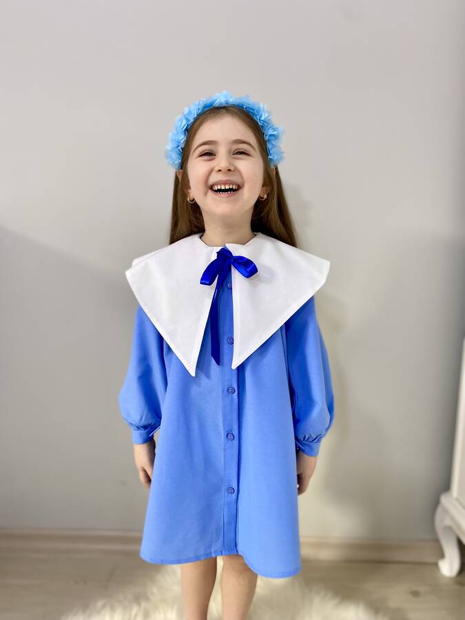 FW22 - Nostaljik Yaka Önden Düğmeli Açık Mavi Kız Çocuk Elbise