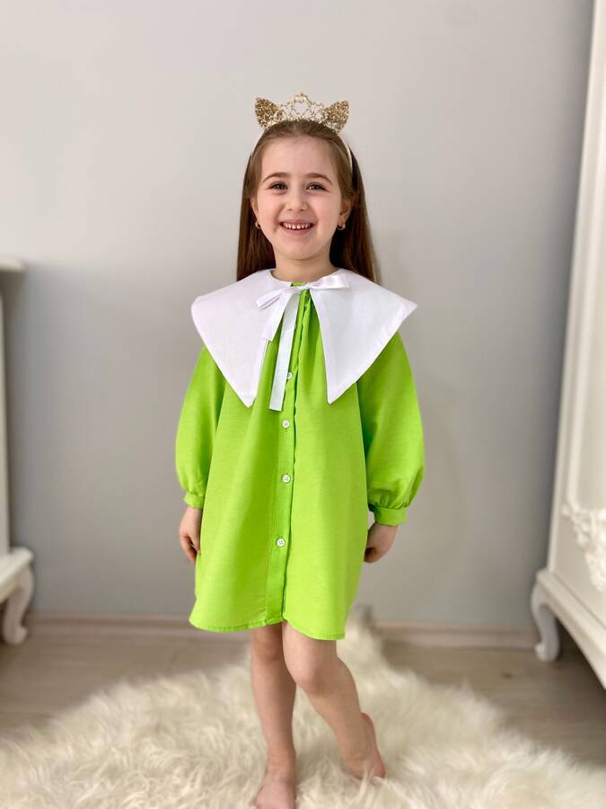 Tracc - Nostaljik Yaka Önden Düğmeli Açık Yeşil Kız Çocuk Elbise (1)