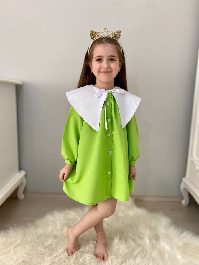 Nostaljik Yaka Önden Düğmeli Açık Yeşil Kız Çocuk Elbise - Thumbnail