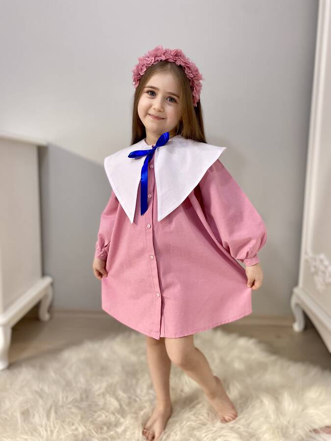 FW22 - Nostaljik Yaka Önden Düğmeli Gül Kurusu Kız Çocuk Elbise
