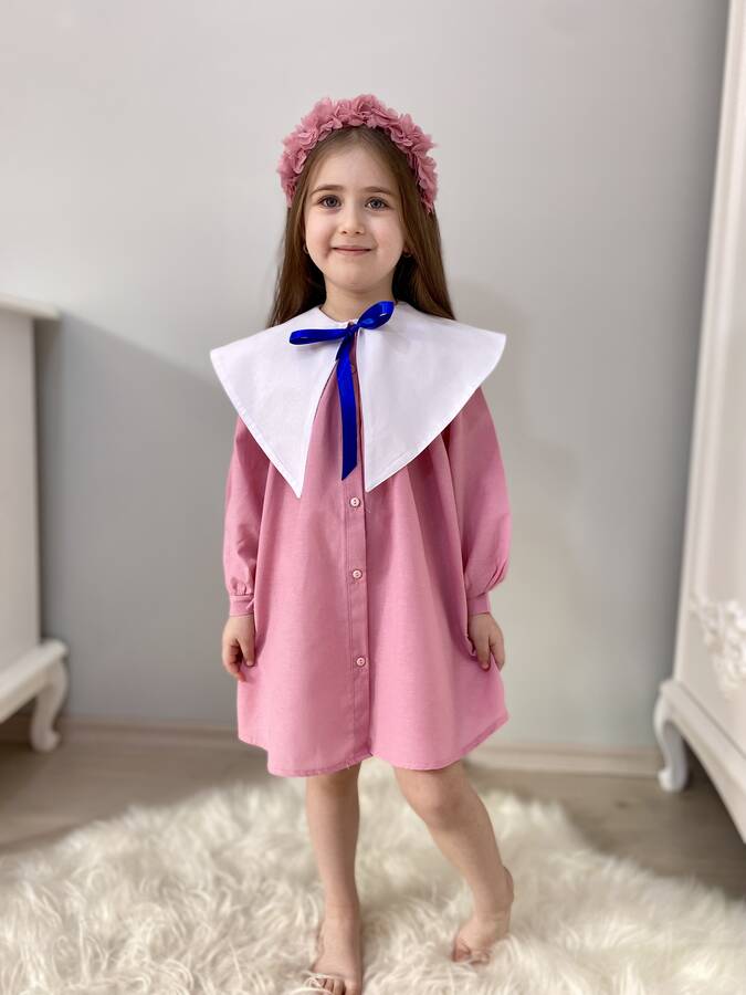 FW22 - Nostaljik Yaka Önden Düğmeli Gül Kurusu Kız Çocuk Elbise (1)