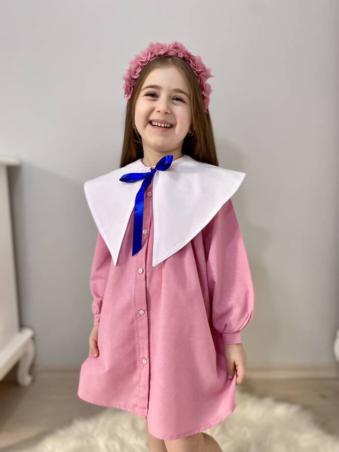 Nostaljik Yaka Önden Düğmeli Gül Kurusu Kız Çocuk Elbise - Thumbnail