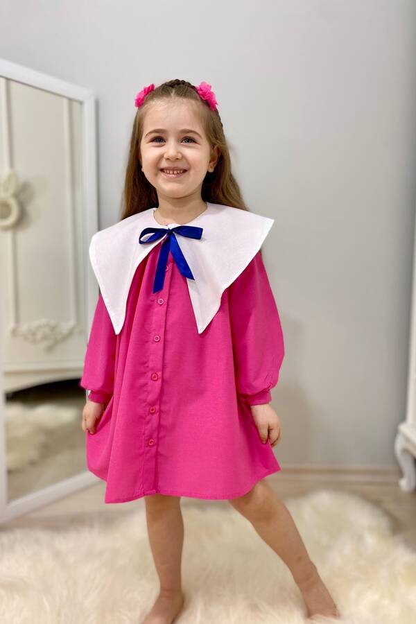 ss23 - Nostaljik Yaka Önden Düğmeli Pembe Kız Çocuk Elbise
