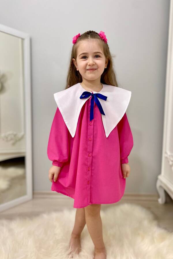ss23 - Nostaljik Yaka Önden Düğmeli Pembe Kız Çocuk Elbise (1)