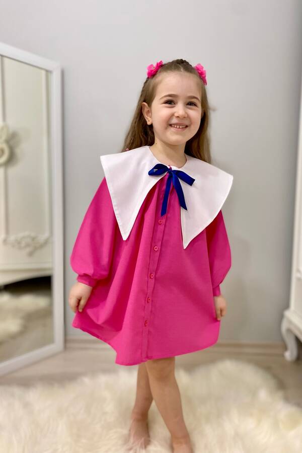 Nostaljik Yaka Önden Düğmeli Pembe Kız Çocuk Elbise - Thumbnail