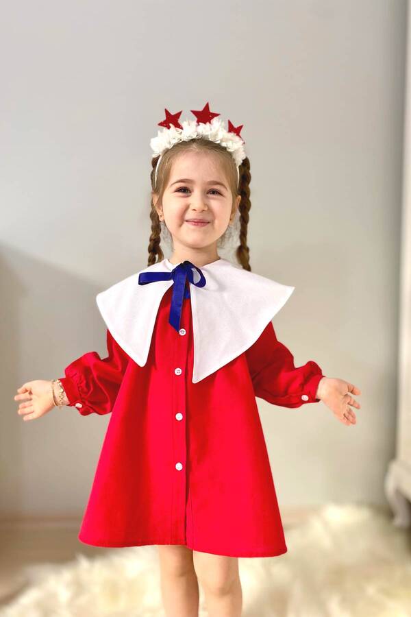 ss23 - Nostaljik Yaka Önden Düğmeli Kırmızı Kız Çocuk Elbise (1)