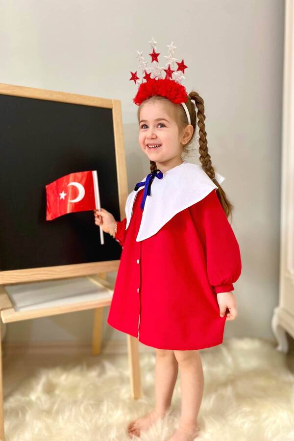 ss23 - Nostaljik Yaka Önden Düğmeli Kırmızı Kız Çocuk Elbise (1)
