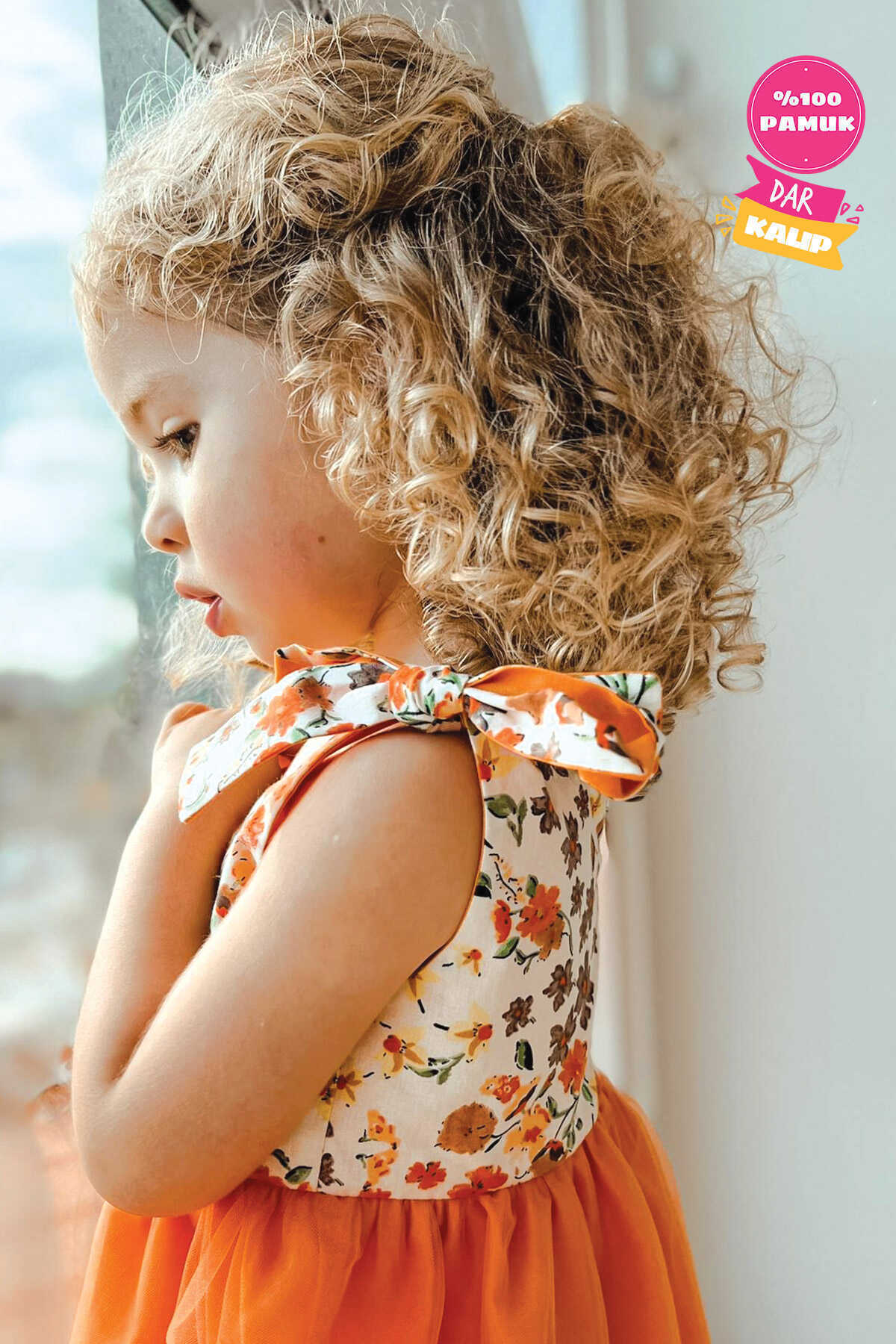 Omuzdan Bağlamalı Kız Çocuk Turuncu Çiçekli Tül Elbise
