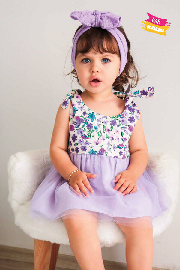 SSY22 - Omuzdan Bağlamalı Kız Çocuk Lila Çiçekli Tül Elbise (1)