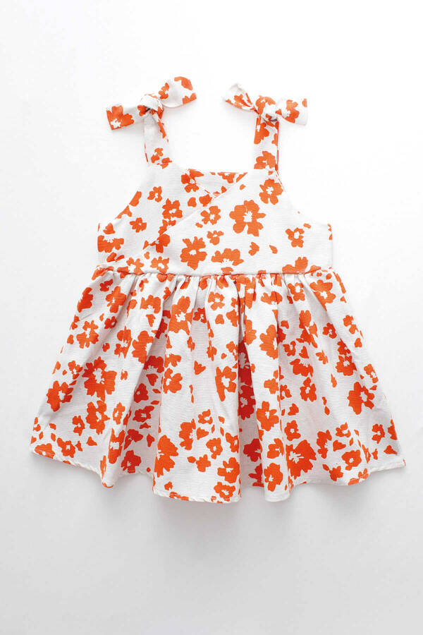 SSY22 - Turuncu Çiçekli Keten Omuzdan Bağlamalı Kruvaze Kız Çocuk Elbise