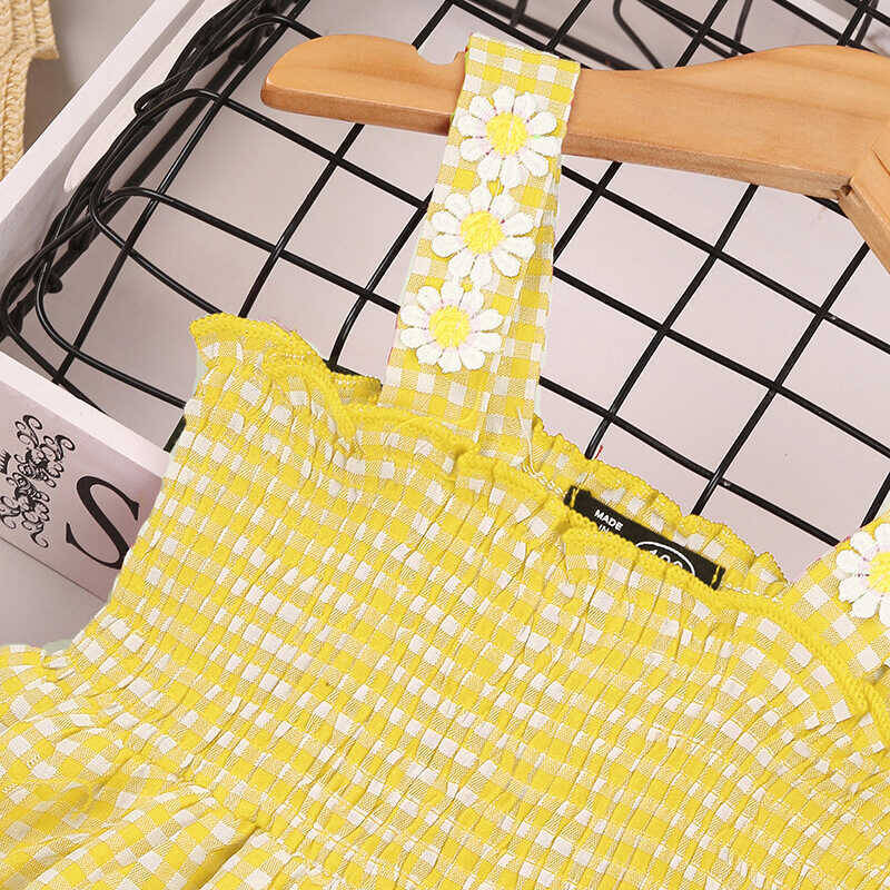 Papatya Detaylı Sarı Pötikareli Elbise - Thumbnail