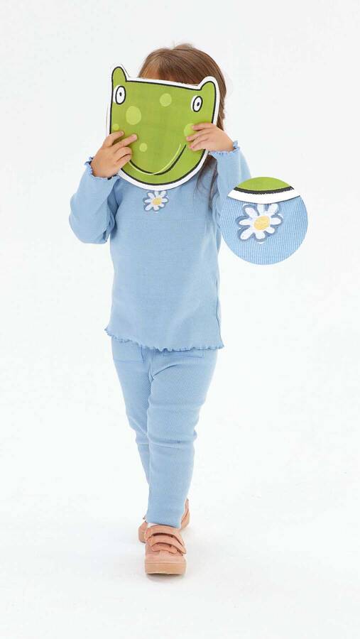 FW21 - Papatya İşlemeli Kaşkorse Fitilli Mavi Çocuk Sweatshirt ve Tayt 2'li Takım