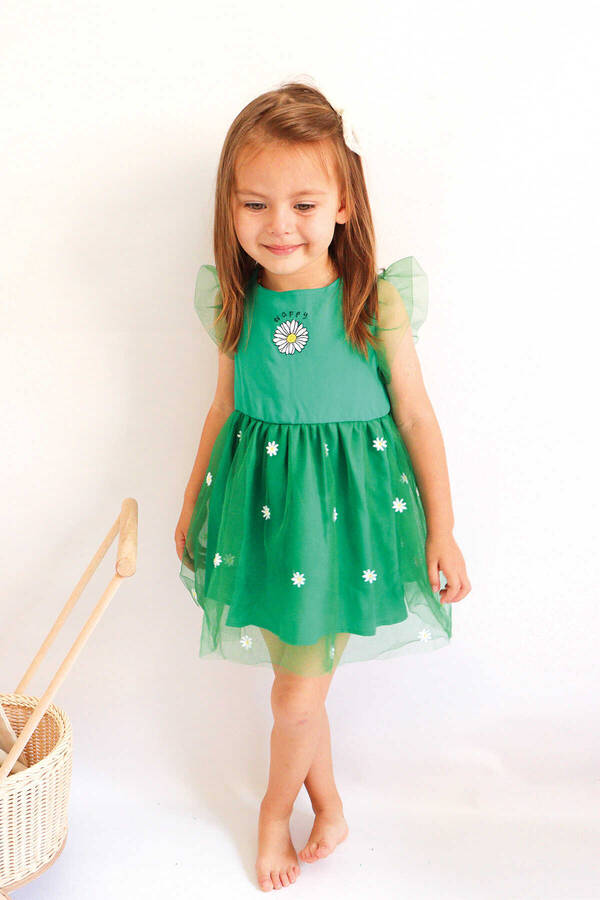 SSY22 - Papatya Nakışlı Yeşil Tül Elbise (1)