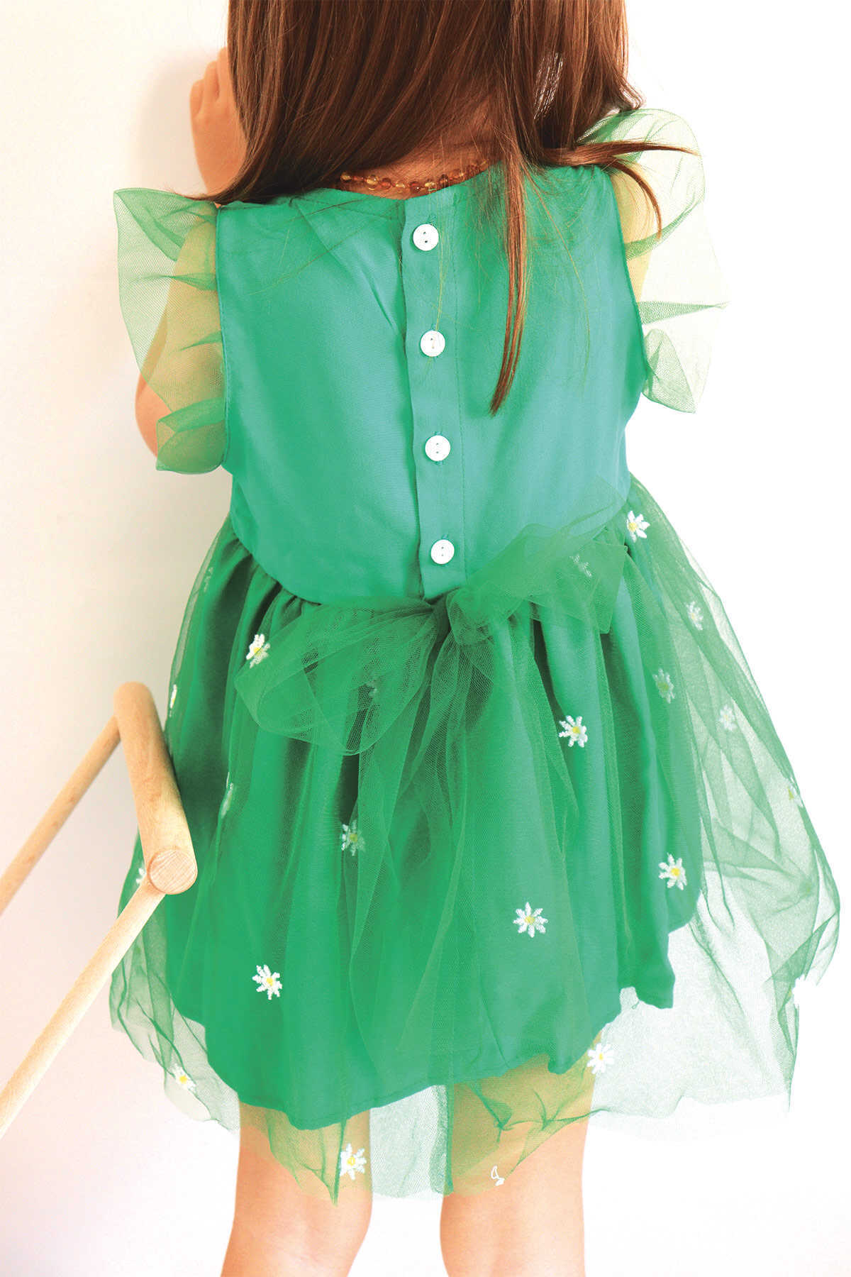 Papatya Nakışlı Yeşil Tül Elbise