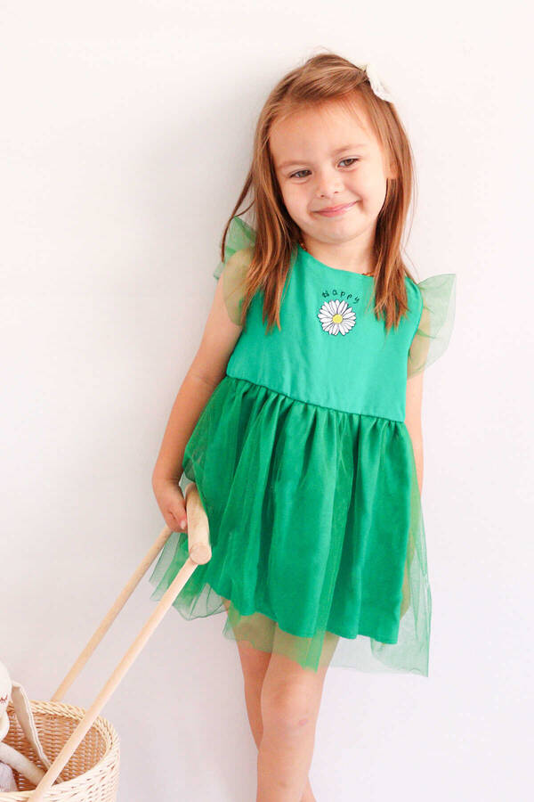 SSY22 - Yeşil Happy Papatya Nakışlı Tül Elbise