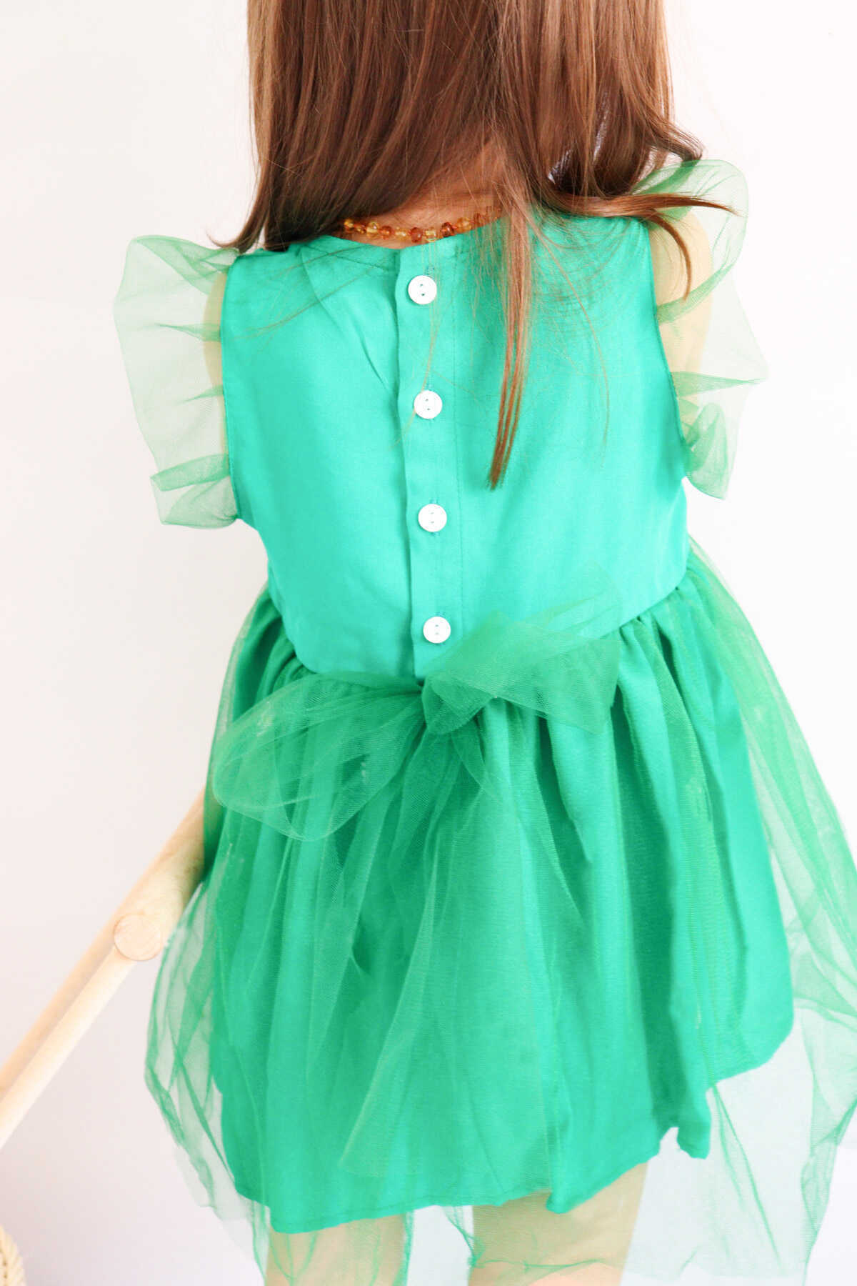 Yeşil Happy Papatya Nakışlı Tül Elbise