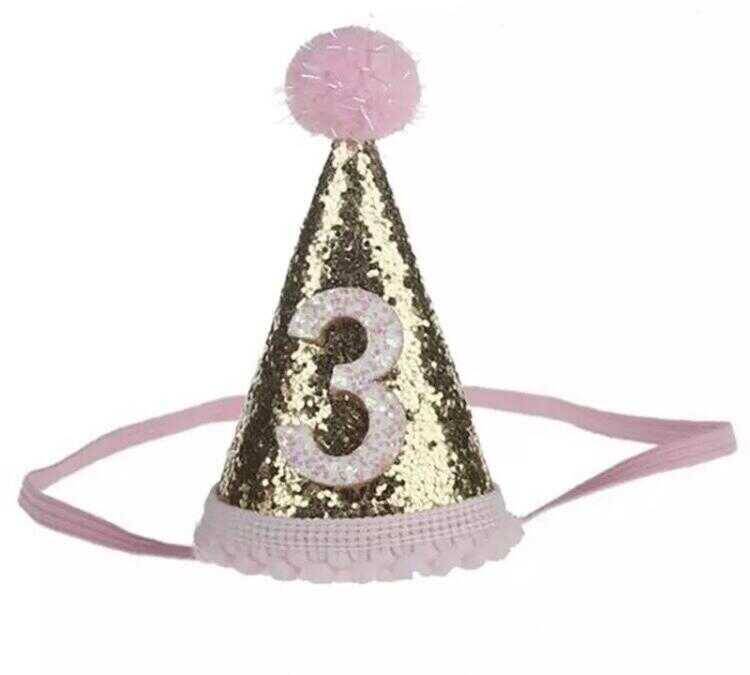 SS212 - Pembe 3 Yaş Birthday Koni Şapka