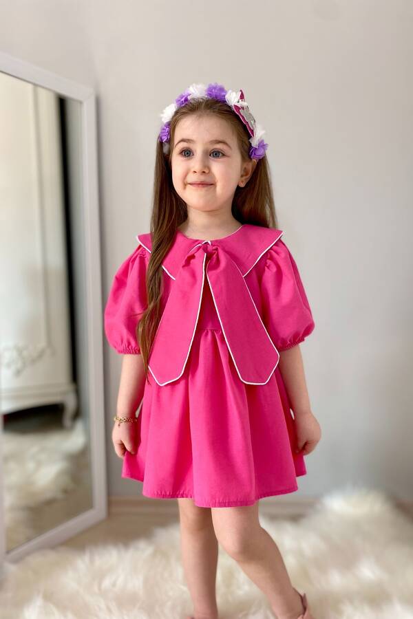 ss23 - Pembe Bahriye Yaka Detaylı Fiyonk Kız Çocuk Elbise